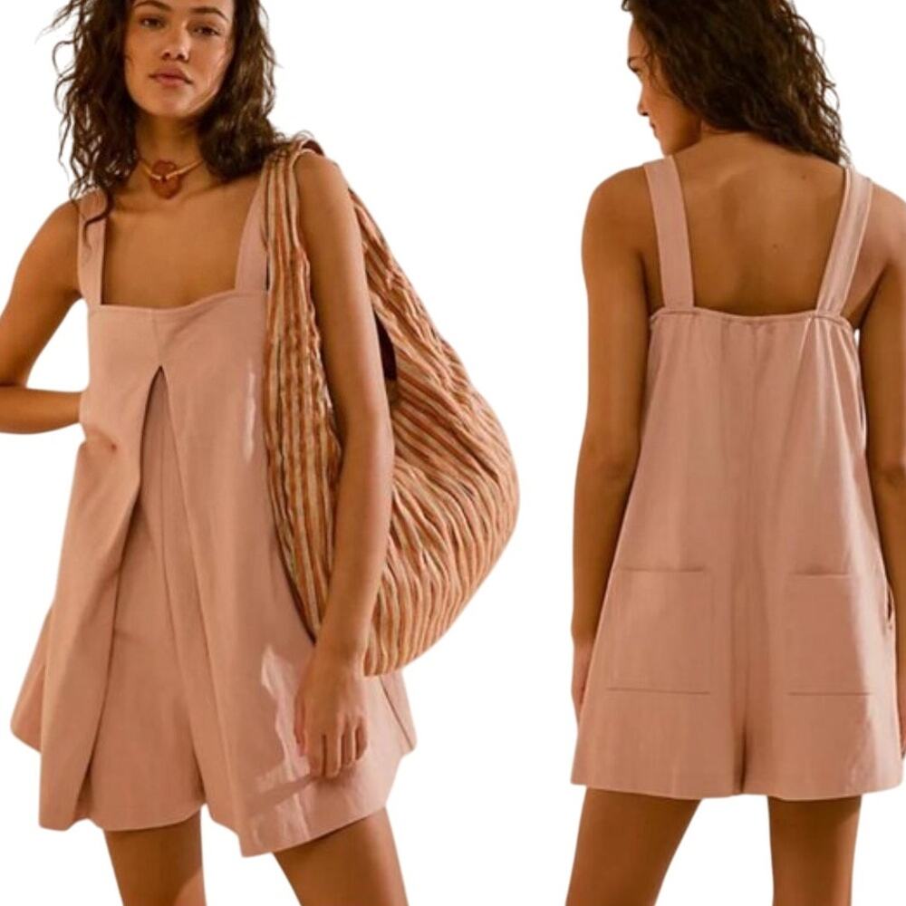 Free People Size Large Beach Boho Peach Tan Pleated Sleeveless Romper